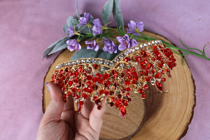 Gold Red Crystal Bridal Tiara, Rhinestone Wedding Crown, Vintage Prom Headpiece