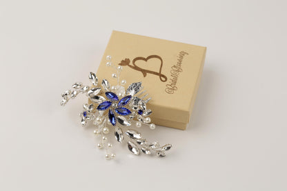 Blue Crystal Wedding Hair Comb, Silver Pearls & Rhinestone Bridal Hairpiece