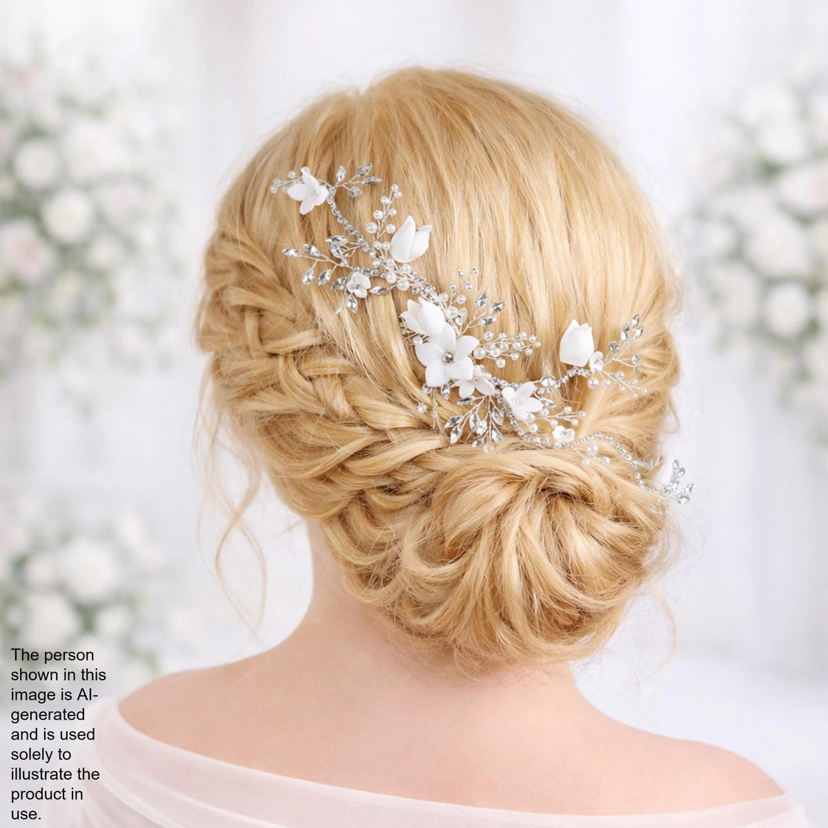 A woman with blonde hair styled in an intricate updo, adorned with a decorative hair accessory featuring white flowers and crystals.