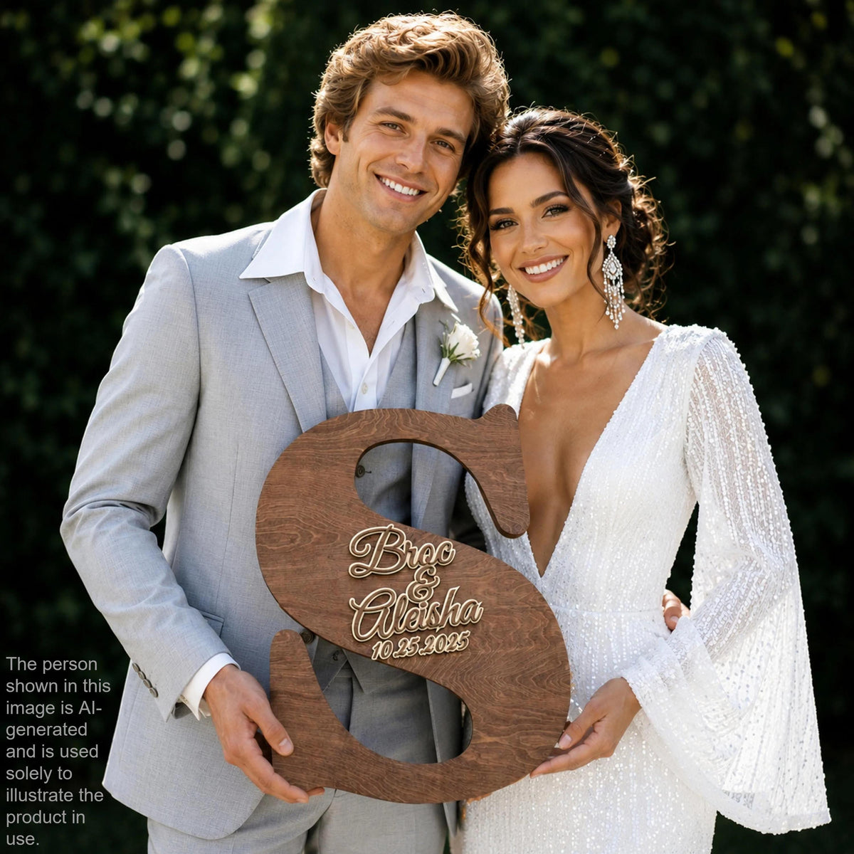 A happy couple posing for a photo, with the man holding a wooden sign that says "Bro & Aloha 10.10.2022".