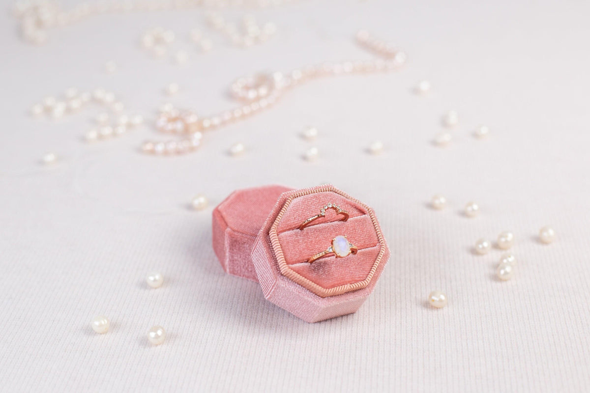 Rainbow Moonstone Engagement Ring Set: Rose Gold Plated Sterling Silver