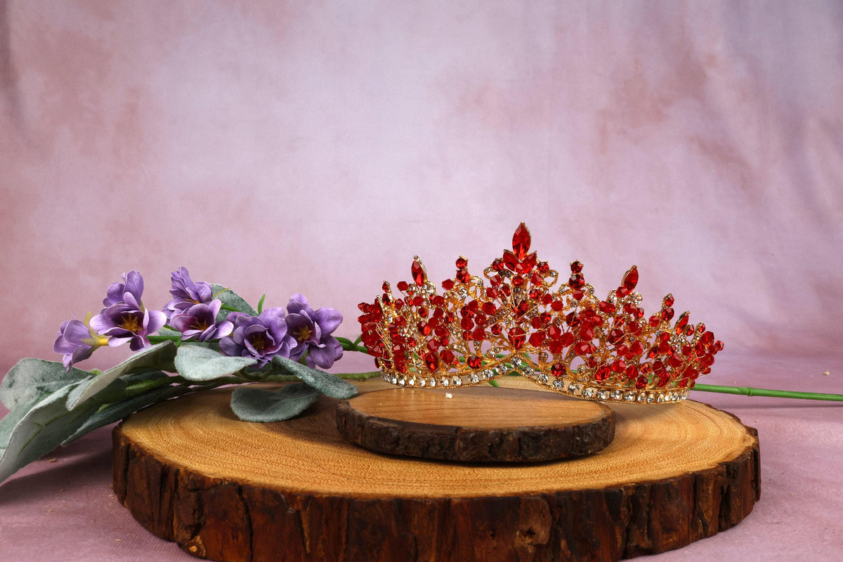 Gold Red Crystal Bridal Tiara, Rhinestone Wedding Crown, Vintage Prom Headpiece