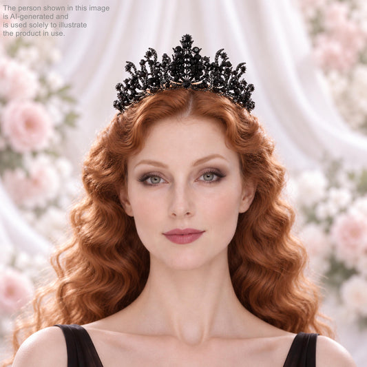 A woman with long, curly red hair wearing a black ornate headpiece, possibly a tiara, against a background of pink flowers.
