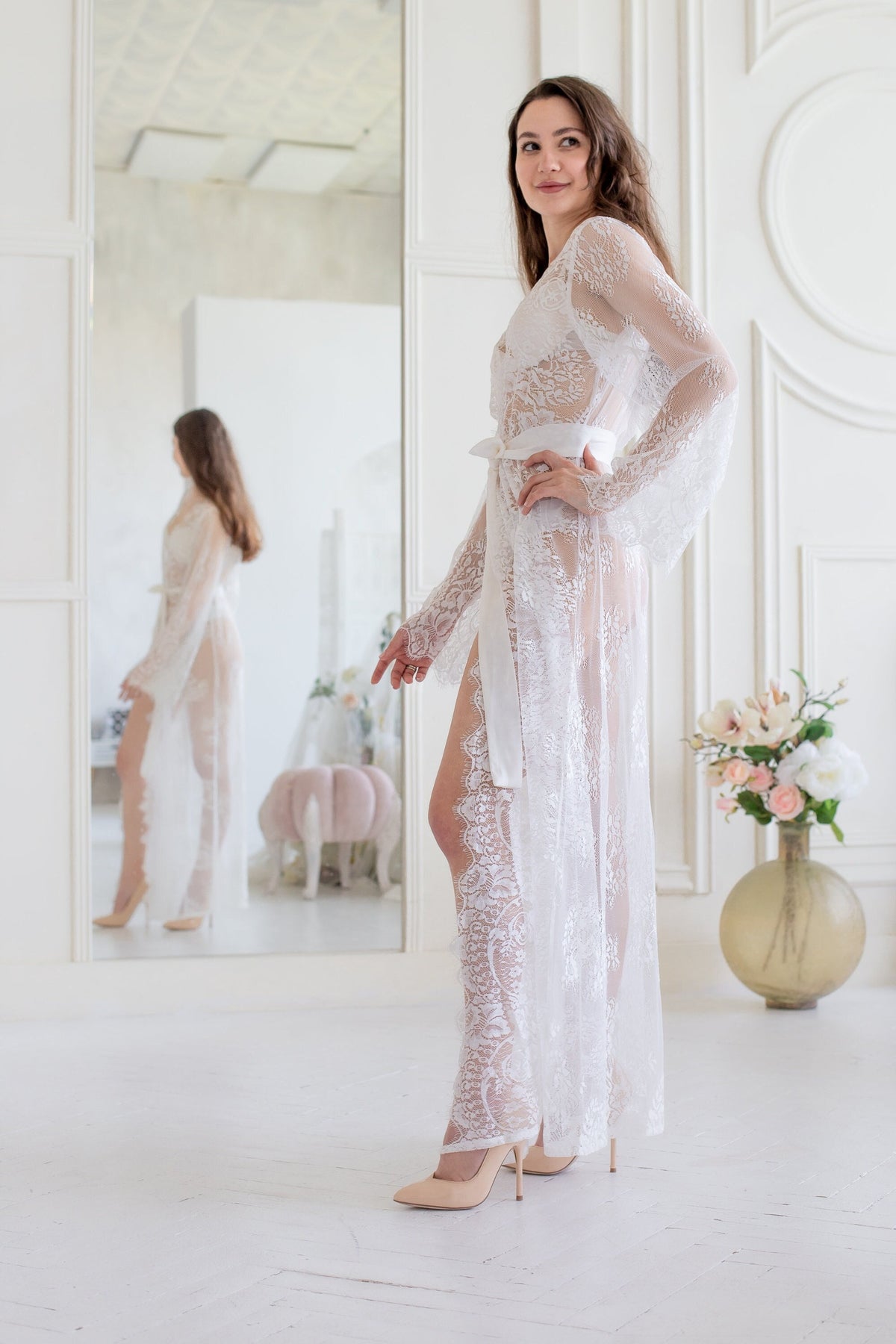White Lace Bridal Robe, Sheer Wedding Lingerie, Long Bridal Cover Up, Honeymoon Outfit