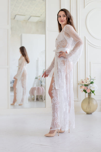 White Lace Bridal Robe, Sheer Wedding Lingerie, Long Bridal Cover Up, Honeymoon Outfit