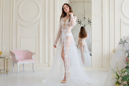 Long Lace Bridal Robe with Train, Sheer Tulle Wedding Cover Up