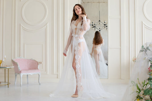 Long Lace Bridal Robe with Train, Sheer Tulle Wedding Cover Up