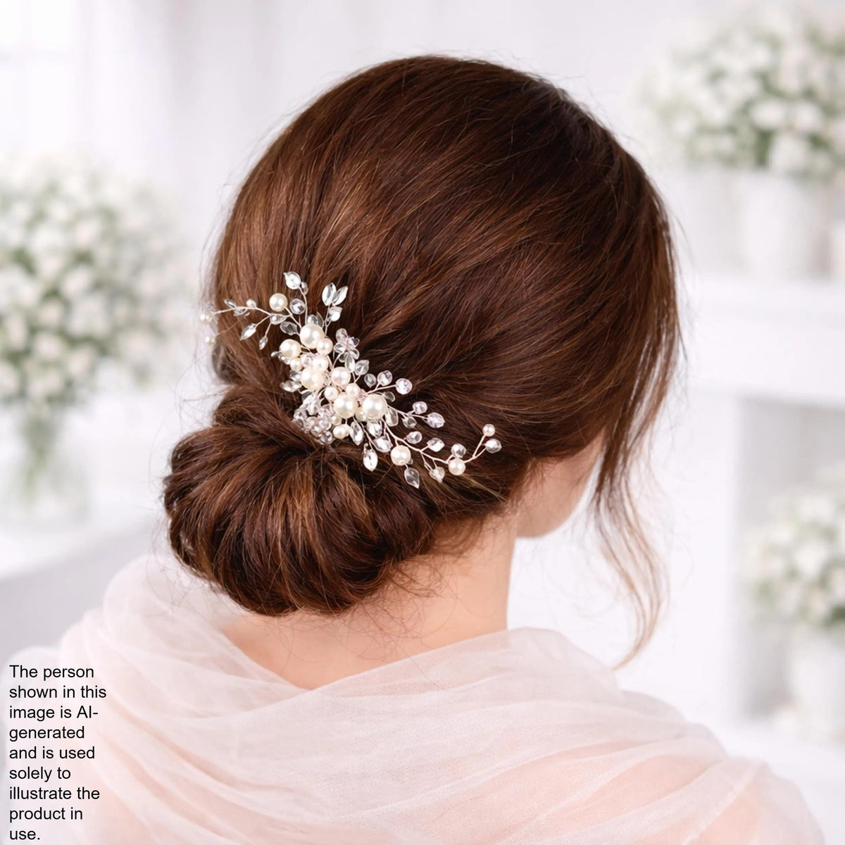 a woman's back view with her hair styled in a bun, adorned with a decorative hair accessory featuring white flowers and pearls.