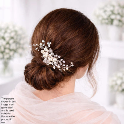a woman's back view with her hair styled in a bun, adorned with a decorative hair accessory featuring white flowers and pearls.