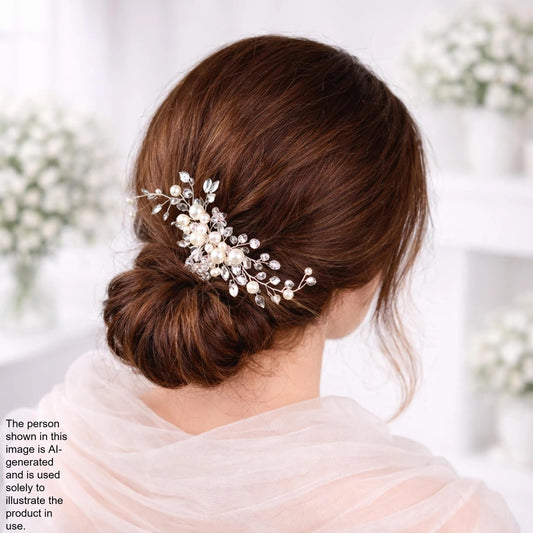 a woman's back view with her hair styled in a bun, adorned with a decorative hair accessory featuring white flowers and pearls.