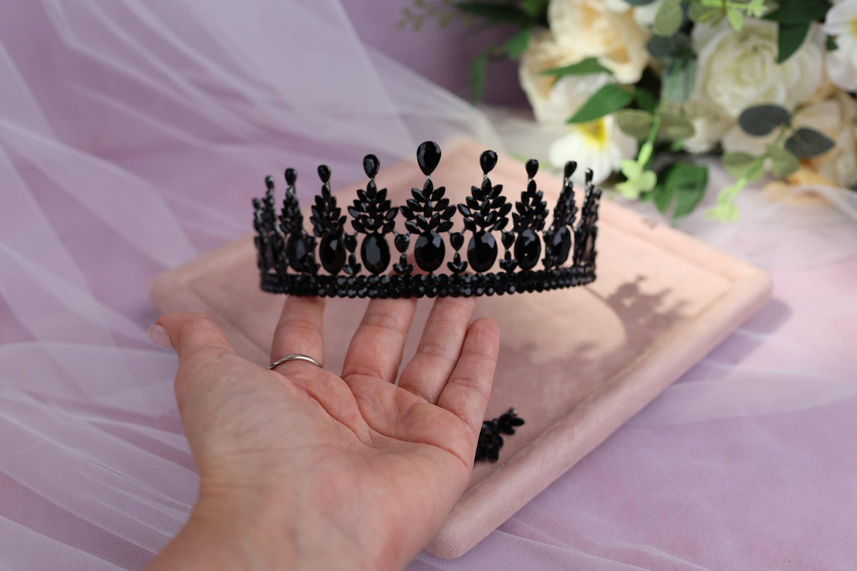 Black Crystal Tiara and Earrings Set, Gothic Wedding Headpiece, Bridal Crown Set