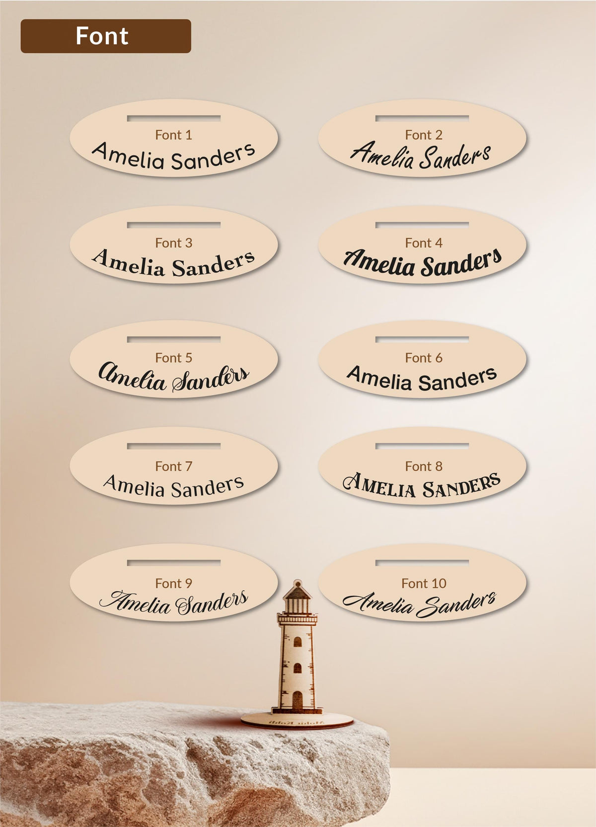 a collection of oval-shaped labels with the name "Amelia Sanders" written on them, placed on a stone surface.