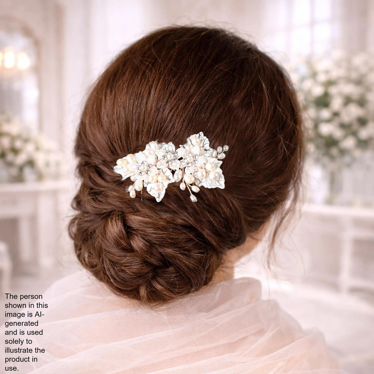 a woman's back view with her hair styled in a bun, adorned with a decorative hair accessory featuring white flowers.