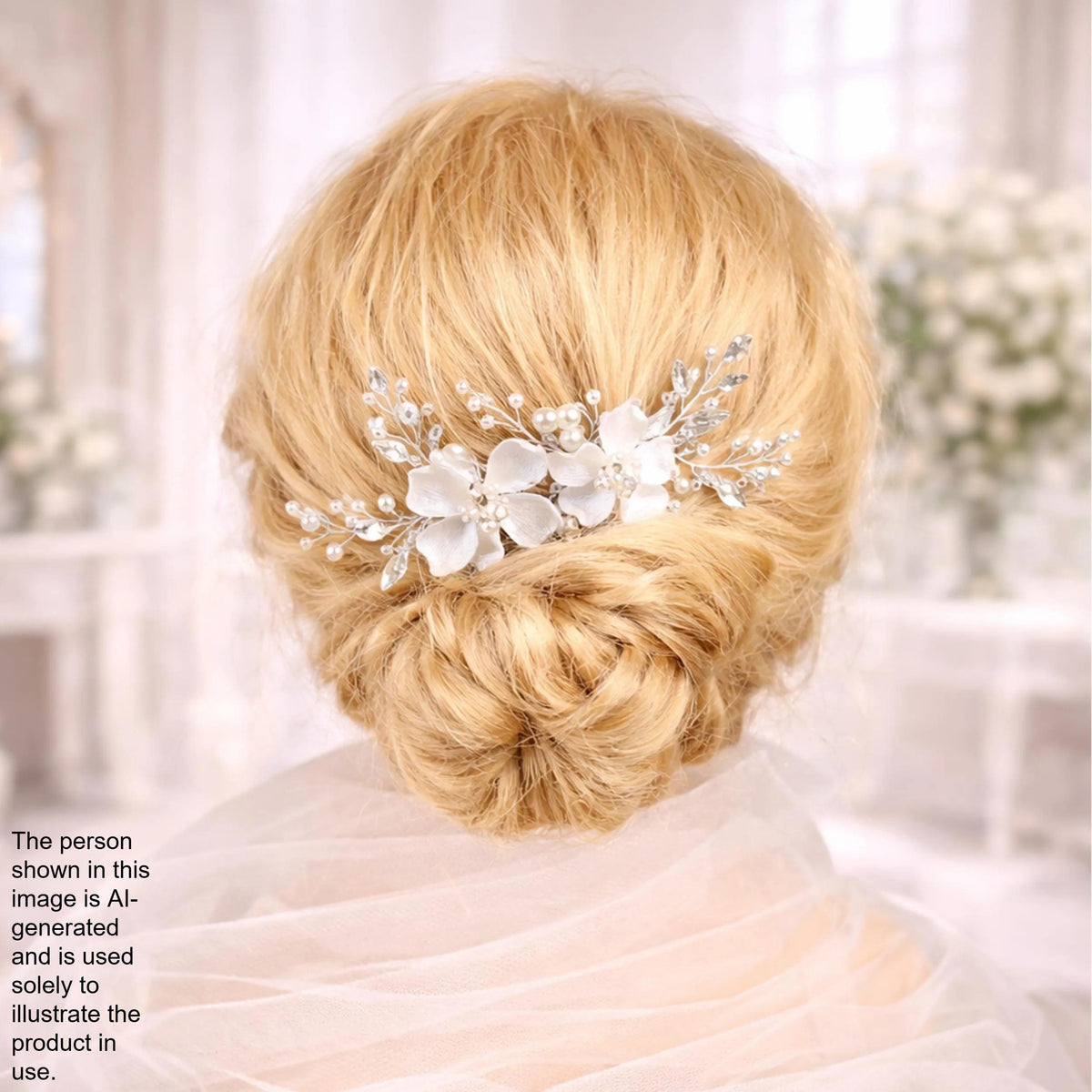a woman's blonde hair styled in a bun, with a decorative hair accessory featuring white flowers and silver embellishments.