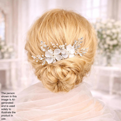 a woman's blonde hair styled in a bun, with a decorative hair accessory featuring white flowers and silver embellishments.