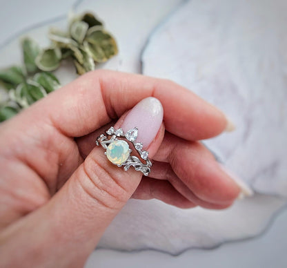 Opal Engagement Ring Set: Sterling Silver Bridal Rings with CZ