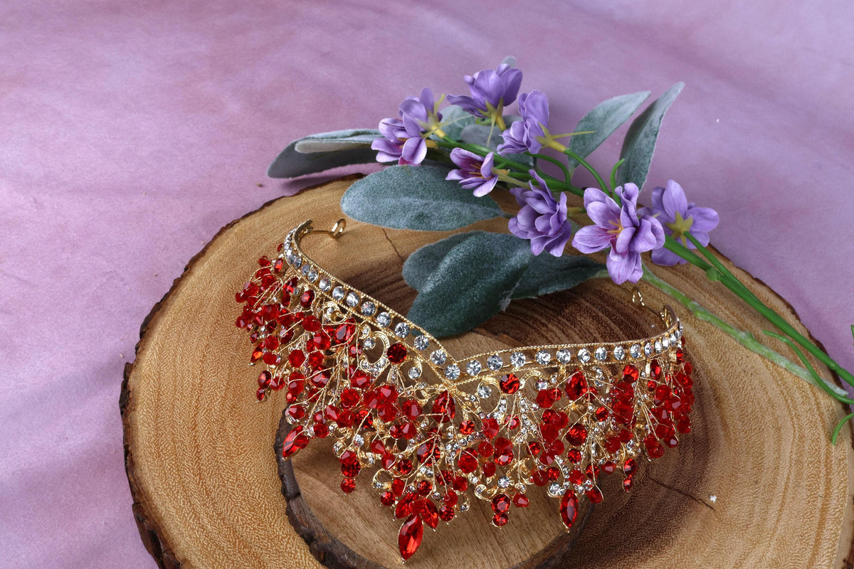 Gold Red Crystal Bridal Tiara, Rhinestone Wedding Crown, Vintage Prom Headpiece