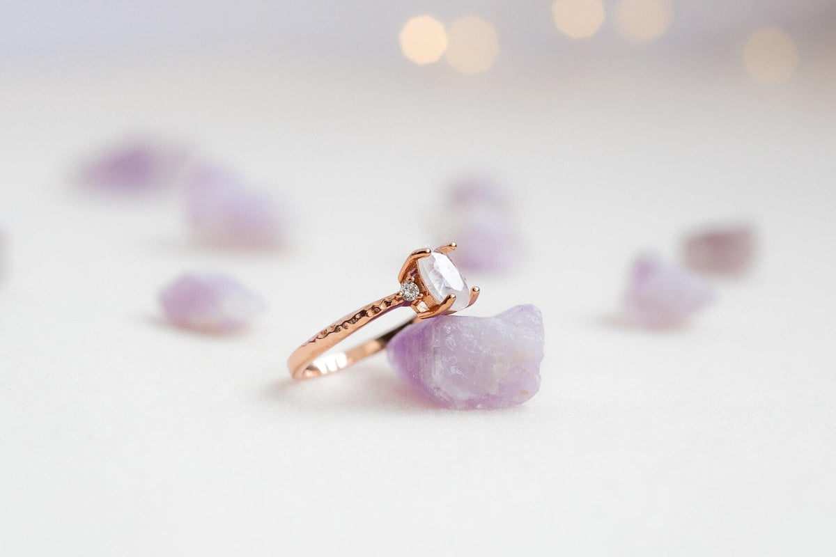 Rainbow Moonstone Engagement Ring Set: Rose Gold Plated Sterling Silver