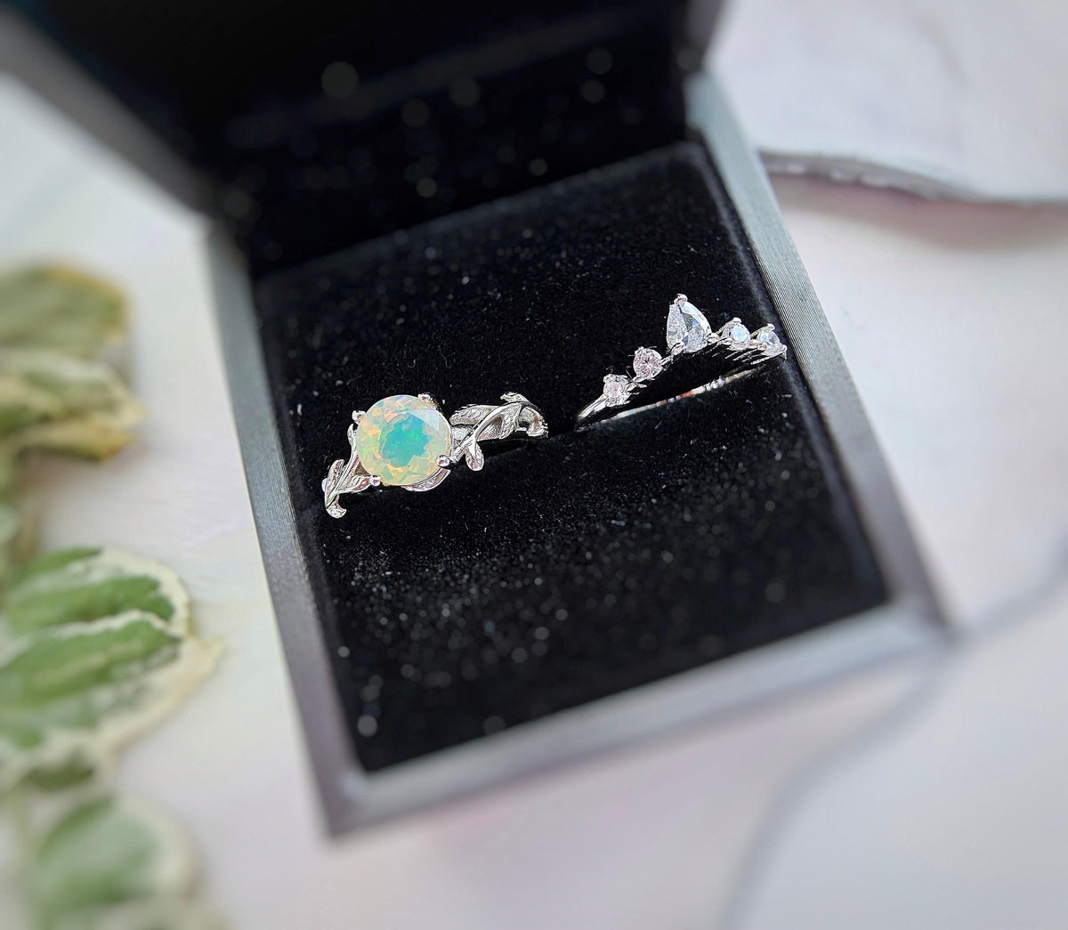 Opal Engagement Ring Set: Sterling Silver Bridal Rings with CZ