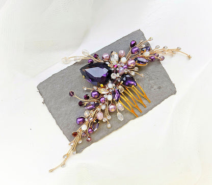 Purple Crystal Wedding Hair Comb: Handmade Violet Bridal Hairpiece