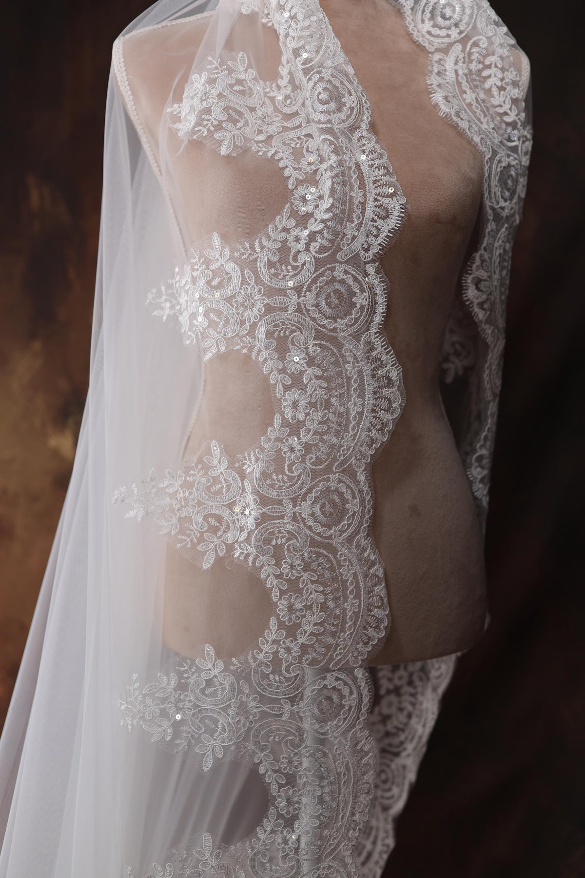 the back of a wedding dress with a veil