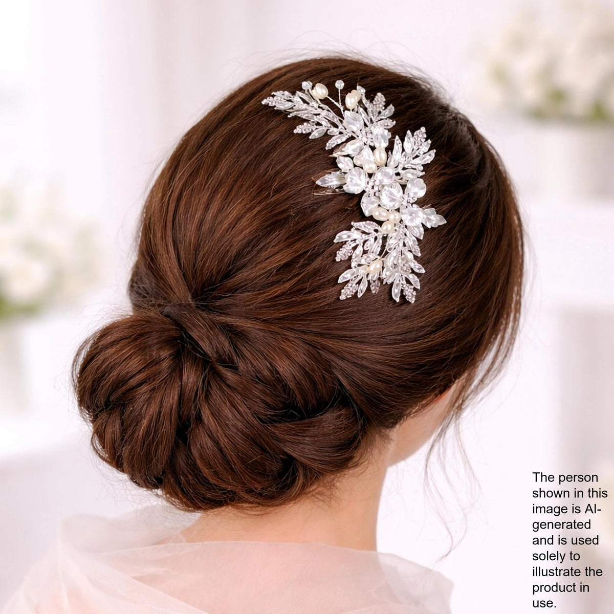 a woman's back view with her hair styled in a bun, adorned with a decorative hair accessory featuring white flowers and leaves.