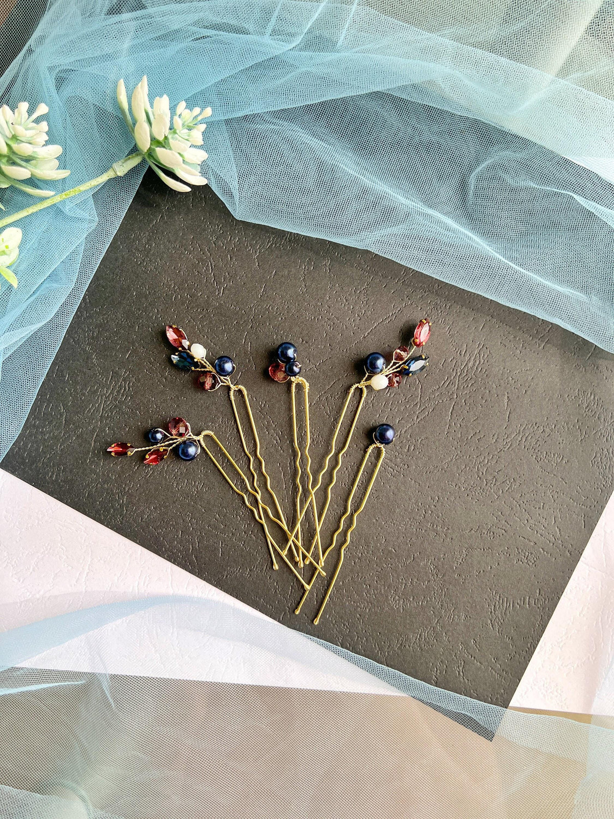 Wine Blue Crystal Pearl Wedding Hair Pins, Bridal Hairpiece Set, Elegant Updo Pins