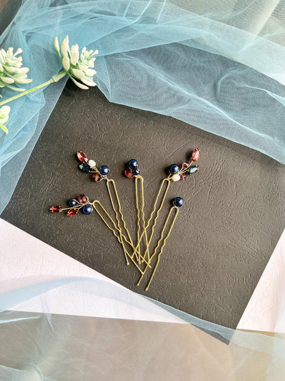 Wine Blue Crystal Pearl Wedding Hair Pins, Bridal Hairpiece Set, Elegant Updo Pins