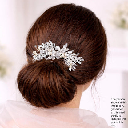the back view of a woman's head with a decorative hair accessory, likely a hair clip or headband, on her hair.