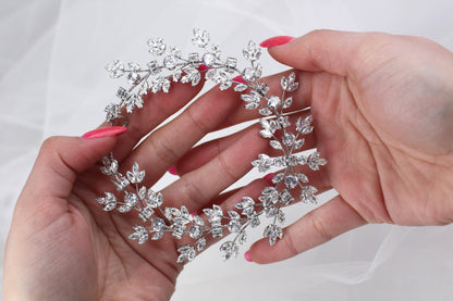 Handmade Crystal Bridal Hair Vine: Silver Floral Wedding Headpiece