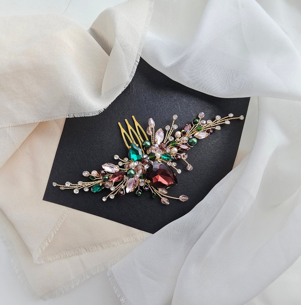 Emerald & Burgundy Crystal Wedding Hair Comb, Bridal Hairpiece, 6 Inch