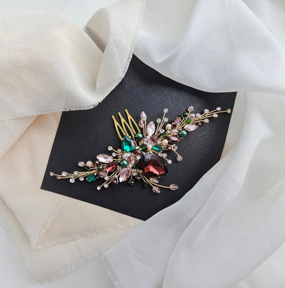 Emerald & Burgundy Crystal Wedding Hair Comb, Bridal Hairpiece, 6 Inch
