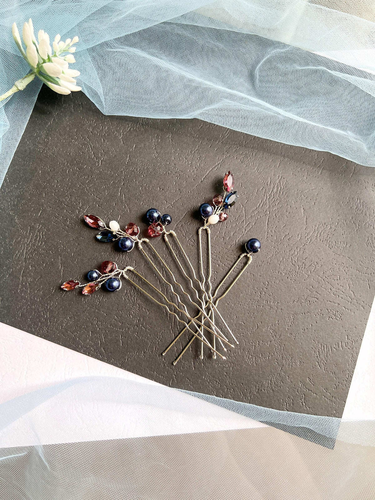 Wine Blue Crystal Pearl Wedding Hair Pins, Bridal Hairpiece Set, Elegant Updo Pins