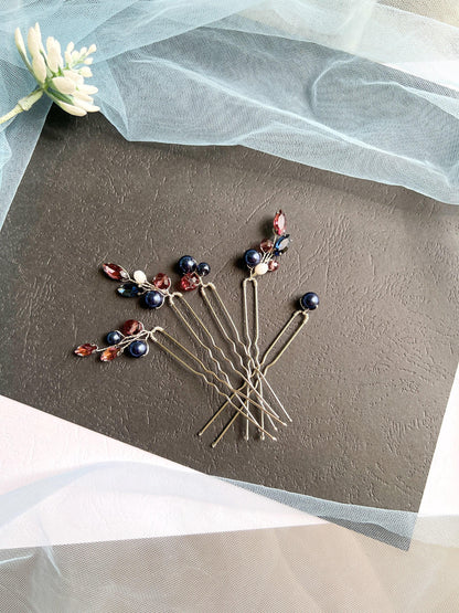 Wine Blue Crystal Pearl Wedding Hair Pins, Bridal Hairpiece Set, Elegant Updo Pins