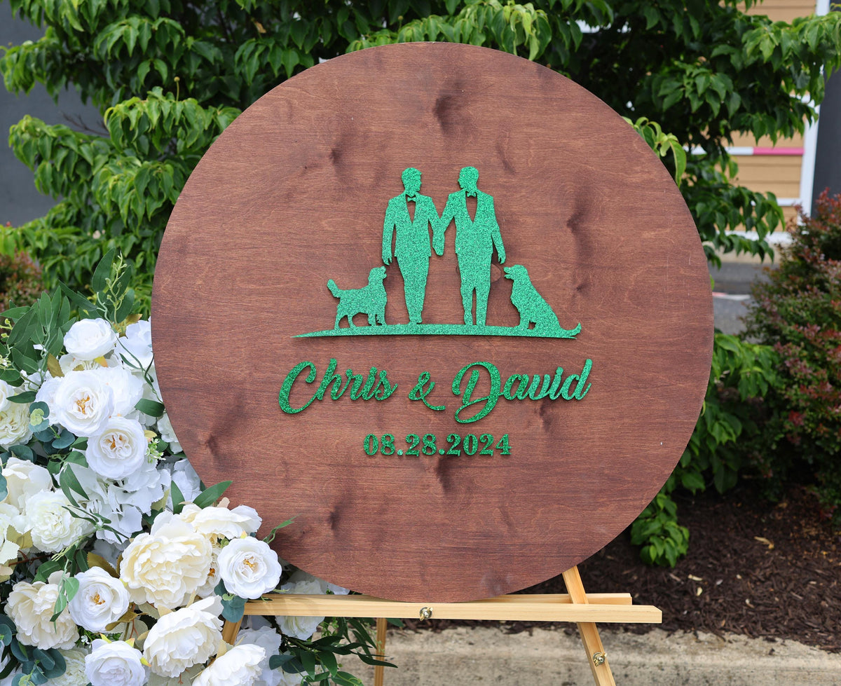 a wooden sign with a picture of two people and a dog