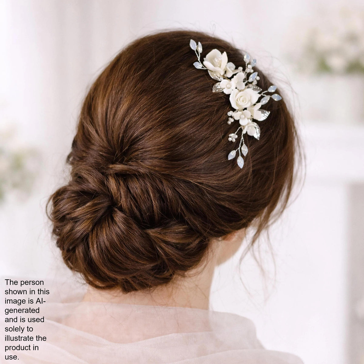 a woman's back view with her hair styled in a bun, adorned with a decorative hair accessory featuring white flowers.