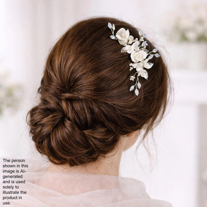 a woman's back view with her hair styled in a bun, adorned with a decorative hair accessory featuring white flowers.