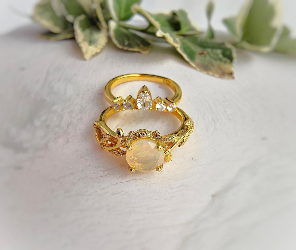 Opal Engagement Ring Set: Gold-Plated Leaf & CZ Wedding Rings