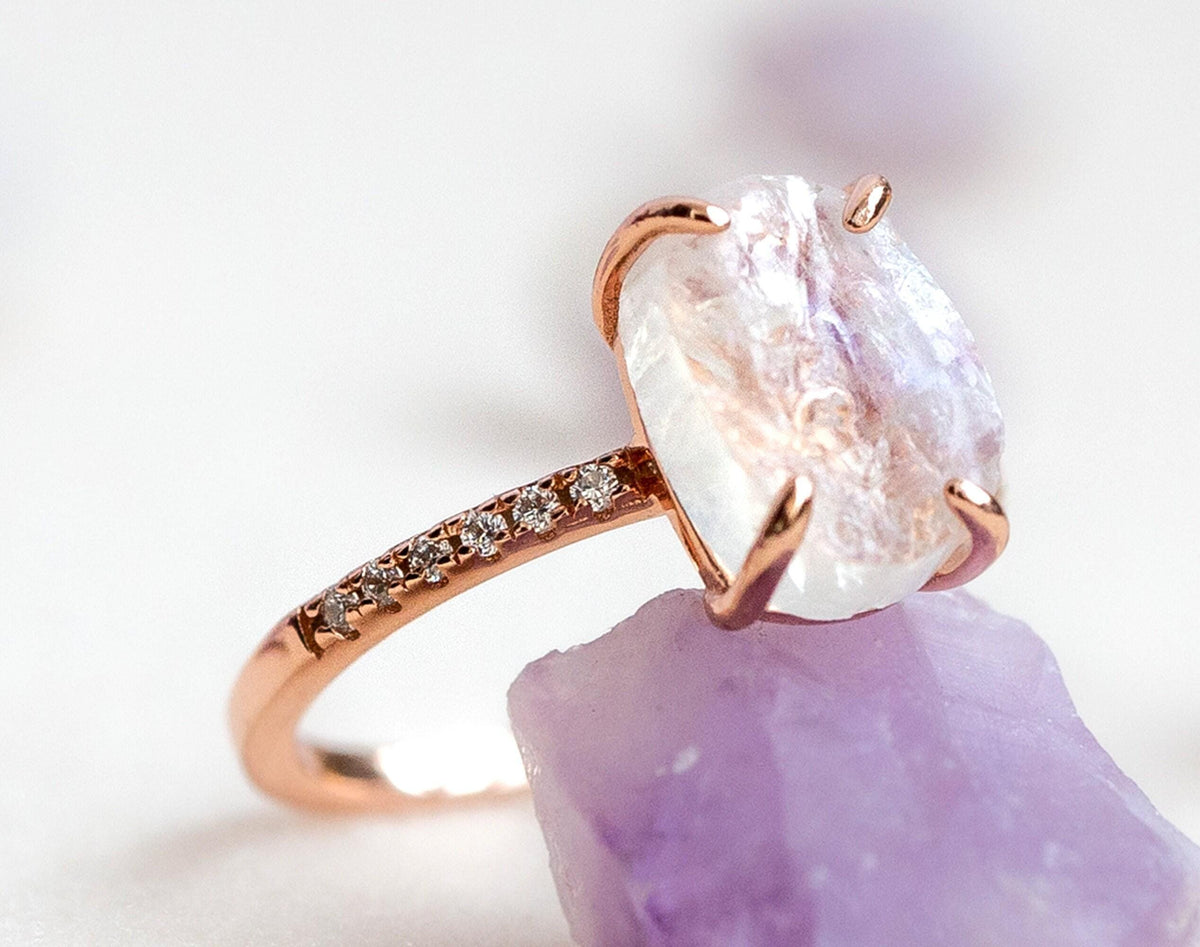 Oval Moonstone Engagement Ring: Rose Gold Sterling Silver Branch Band