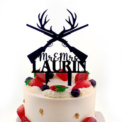 Hunter Wedding Cake Topper: Deer Antlers & Rifles