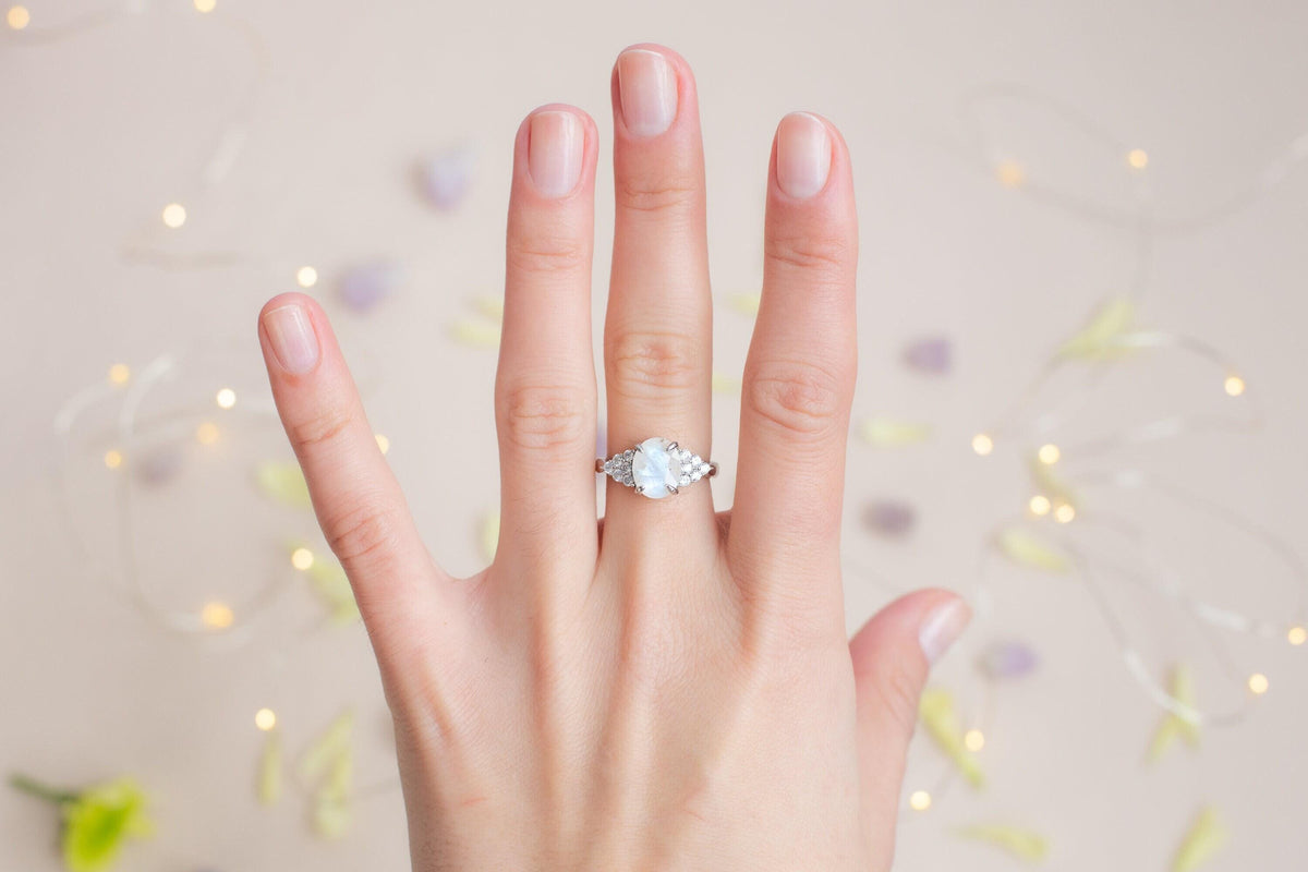 Dainty Moonstone Ring: Rhodium Plated 925 Sterling Silver Engagement Jewelry