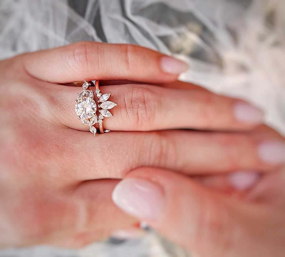 Vintage Moissanite Engagement Ring Set: Rose Gold Bridal Wedding Rings