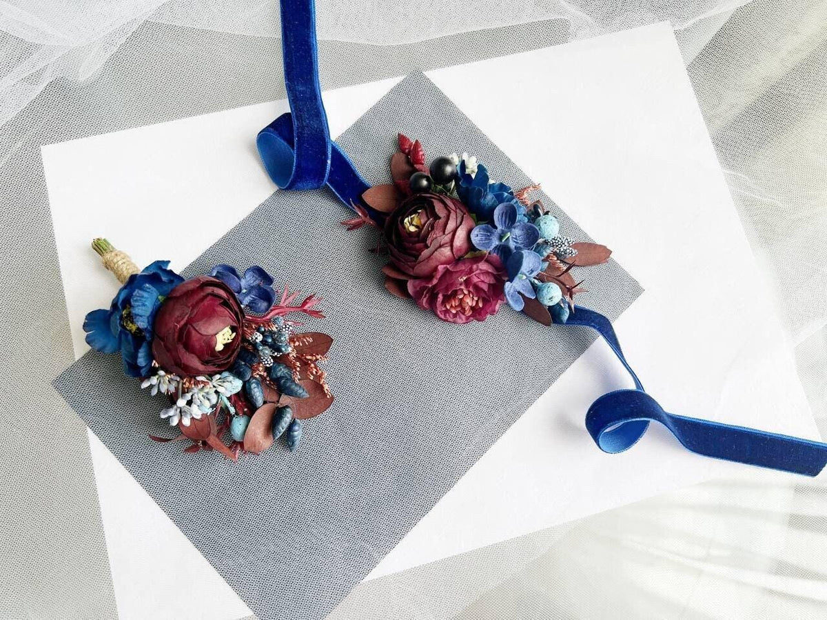 Burgundy Rose Groom Boutonniere, Navy Accents, Handmade