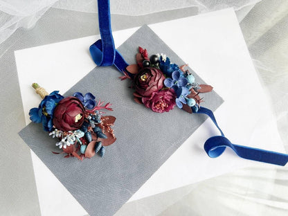 Burgundy Rose Groom Boutonniere, Navy Accents, Handmade