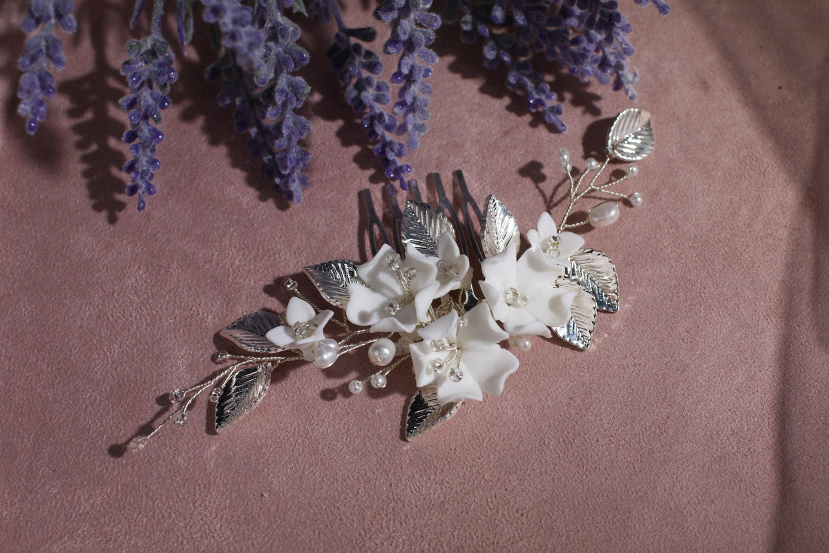 Porcelain Flower Bridal Comb, Silver Wedding Hair Piece, 6 Inch