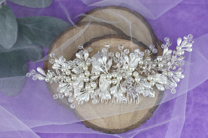Pearl Floral Bridal Comb, Crystal Wedding Hair Piece, 6 Inch
