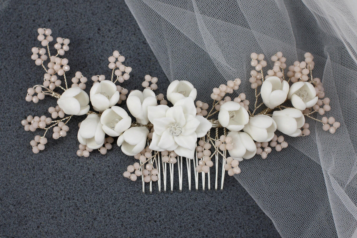 White Porcelain Flower Bridal Comb, Silver Wedding Hair Piece, 6 Inch