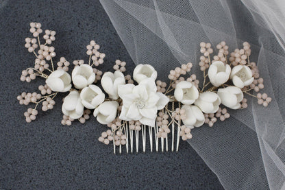 White Porcelain Flower Bridal Comb, Silver Wedding Hair Piece, 6 Inch