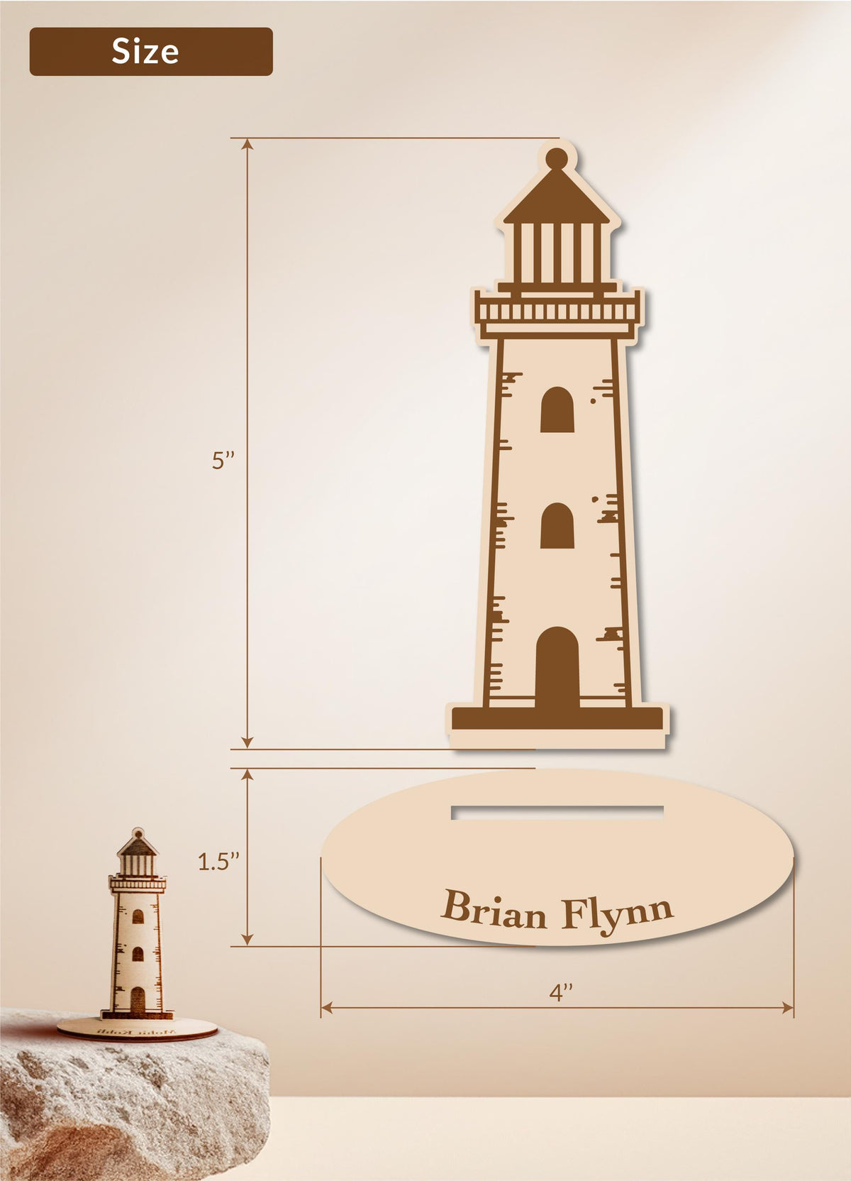 a wooden lighthouse and a small wooden lighthouse on a rock. The lighthouse is labeled "Brian Flynn" and the image is described as a size comparison, with dimensions provided.