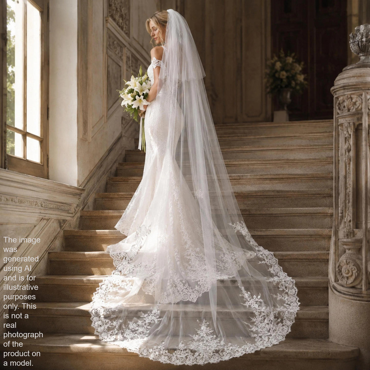 A bride in a white lace wedding dress with a long veil is descending a staircase, holding a bouquet of flowers.